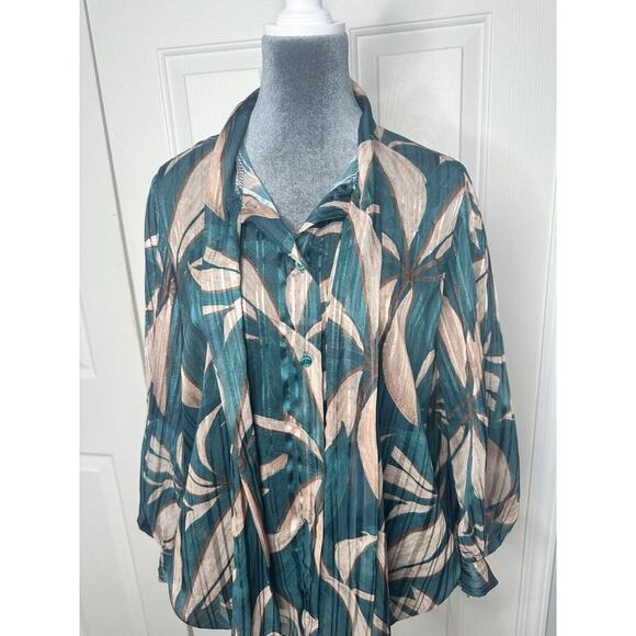 Green &‎ Tan Pleated Sleeves Blouse loose fit size Large - Picture 3 of 9